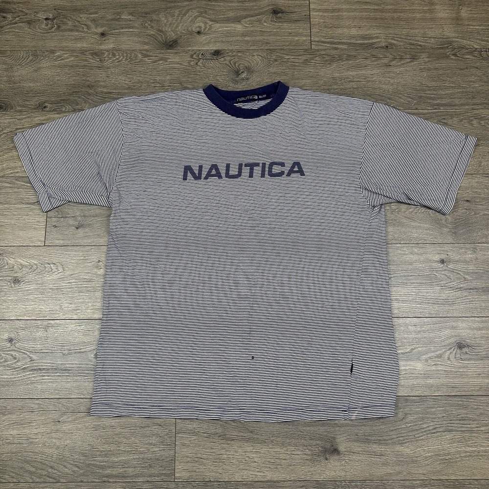 Vintage Nautica Shirt Adult XL Navy Blue Striped Spell Out